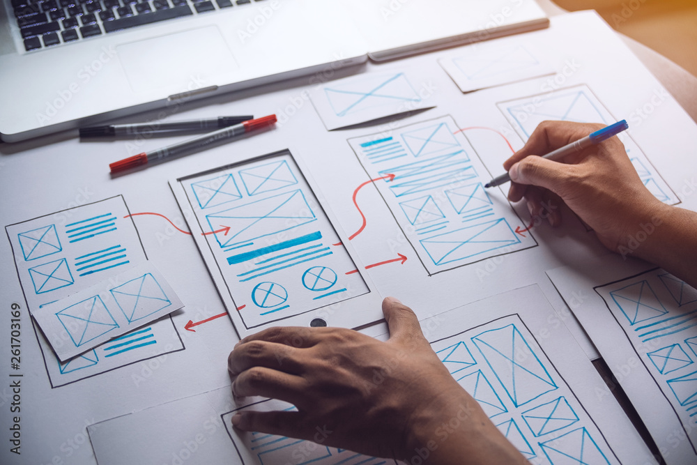 Poster ux graphic designer creative sketch planning application process development prototype wireframe for