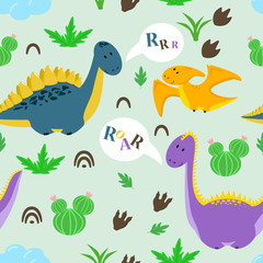 seamless pattern with cute dinosaur and cacti - vector illustration, eps