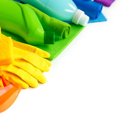 Colourful cleaning Products and tools isolated on white background.  Spring cleaning concept. Close up