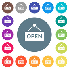 Hanging open sign flat white icons on round color backgrounds
