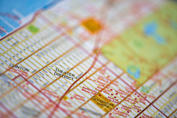 Map of Manhattan, New York City, USA. Shallow focus on Theater District