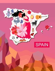 Map of Spain with spanish symbols on mountains background. Book cover.
