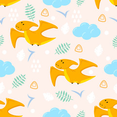 seamless pattern with cute orange dinosaur and cloud - vector illustration, eps
