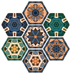 Collection hexagonal ceramic tiles with colorful abstract ornament.