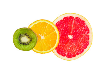 citrus slices - kiwi, orange and grapefruit isolated on white background.