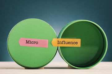 Business concept, word MICRO INFLUENCE on sticky paper over beautiful reverberation gradient...
