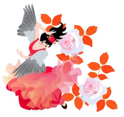 Girl-bird dancing flamenco in the garden among beautiful roses.