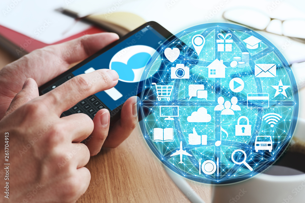 Poster smartphone apps and global network concept.closeup of male hands pushing button to sign in.