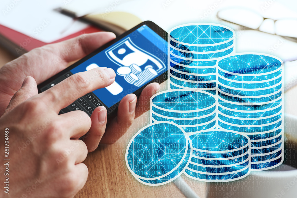 Poster using smartphone to buy virtual currency.closeup of male hands touching smartphone screen.