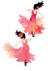 Two Spanish girls dance flamenco expressively with translucent shawls that look like flying birds.