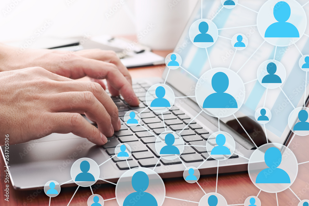 Aufkleber Using internet for communication. Online people network structure. Businessman sending email by laptop.
