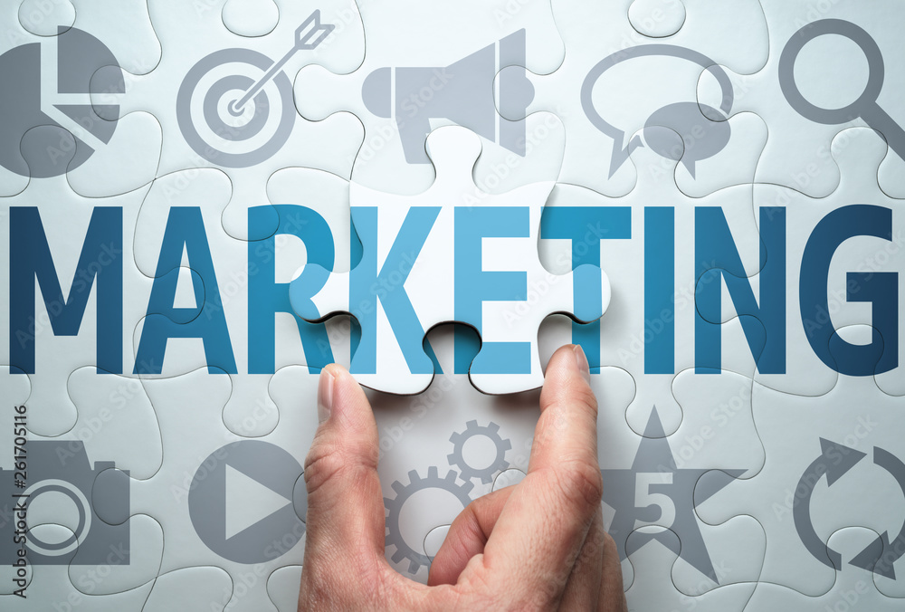 Poster Developing marketing strategy. Development of effective solution.Connecting last jigsaw puzzle piece.
