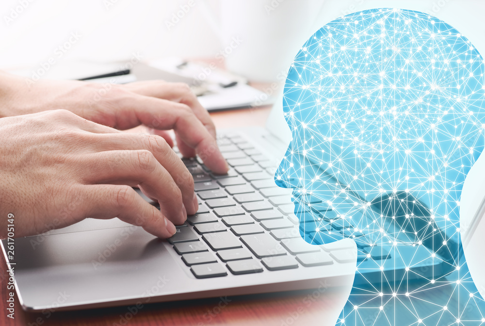 Poster Artificial intelligence and deep learning concept. Laptop and AI neural network.