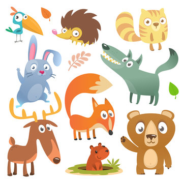 Cartoon forest animals big set. Flat vector illustrations design. Squirrel, hedgehog, hamster, wolf, fox, toucan bird, bear, deer