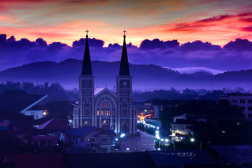 Obraz premium beautiful sunrise at Catholic Church in Chantaburi, Thailand