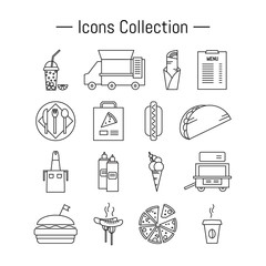 Set of simple fast food icons. Outline stroke vector illustration.