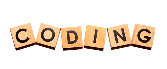 CODING text on wooden cubes on white  background - Image