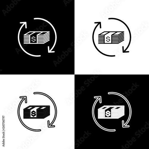 Set Refund Money Icon Isolated On Black And White Background