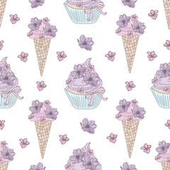 CAKE FLOWER Wedding Birthday Party Holiday Cartoon Seamless Pattern Vector Illustration for Print Fabric and Digital Paper