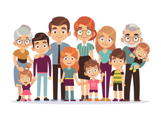 Big family portrait. Happy people character lifestyle mother father children grandparents teenagers kids dog, vector illustration