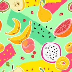 Raamstickers Fruit print. Fruits seamless pattern fresh food nature vitamin healthy eating colorful summer texture trendy cartoon vector background © YummyBuum