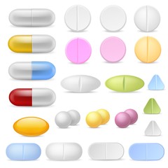 Realistic pills icons. Medicines tablets capsules drugs painkillers antibiotics vitamins. Pharmaceutical treatment, vector set