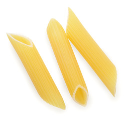 Pasta penne isolated on white background. Top view. - obrazy, fototapety, plakaty