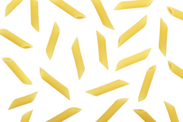 Pasta penne isolated on white background. Pattern.
