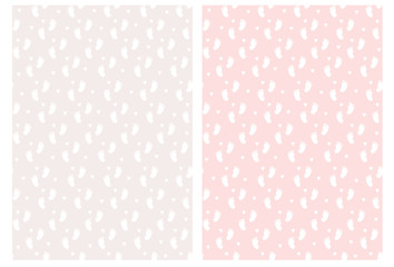 Lovely Baby Girl Feet Seamless Vector Pattern. White Tiny Feet and Hearts Isolated on a Light Gray and Pink Background. Baby Shower Party Decoration. Set of 2 Pastel Color Abstract Nursery Arts.