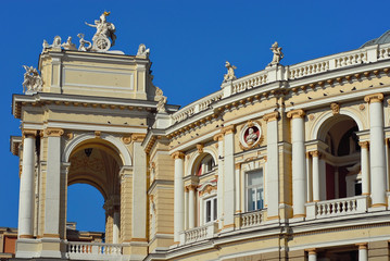 Obraz premium National and Academic Opera and Ballet Theater. Odessa, Ukraine. Europe. Element of architecture. Building on the blue sky background.