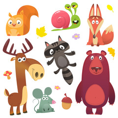 Cartoon forest animal characters. Wild cartoon cute animals set. Big set of cartoon forest animals flat vector illustration design. Squirrel, snail,raccoon, mouse, fox,deer or moose, bear