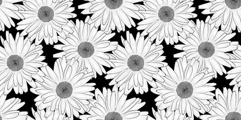 Vector background, seamless pattern of black and white of hand-drawn chamomile (daisy) flowers. EPS 10.