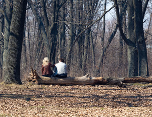 Naklejka na ściany i meble A man and a woman in spring in the park are sitting on a fallen tree. Back view.