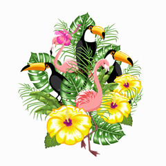 Invitation template for summer advertising. Toucan bird, tiger, flamingo and tropical leaves. Poster. Happy summer.