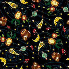 Vector colorful owl comet and moon repeat pattern with black background. Suitable for gift wrap, textile and wallpaper.