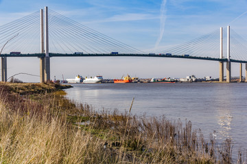 The iconic M25 Queen Elizabeth II Bridge or Dartford Crossing which spans the river Thames in East London