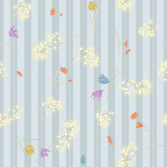 Seamless vector floral pattern with hand drawn spring flowers in pastel blue and white colors on striped background. Ditsy print in retro style