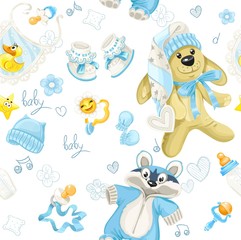 Seamless pattern of clothing, toy and stuff it's a boy