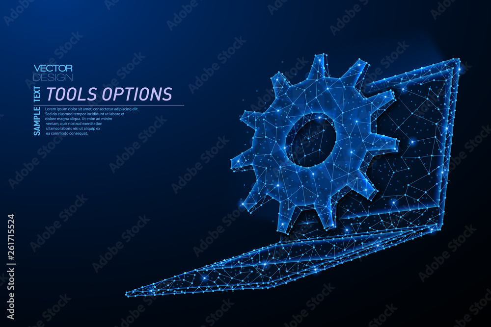 Wall mural abstract polygonal light design of laptop with cog gears.