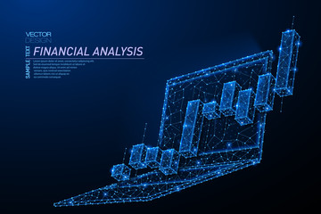 Abstract polygonal light design of laptop with stock market investment chart