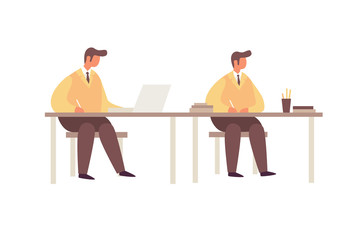 Cartoon young businessmen working at the table on white isolated background. The concept of communication. Teamwork in a command of business people. Vector flat illustration.