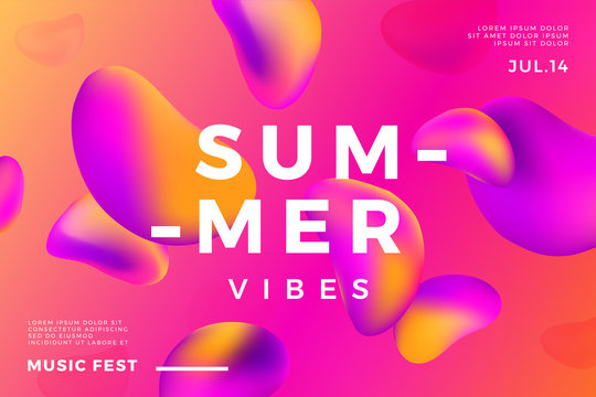 Summer abstract gradient background. Fluid colorful shapes composition. Music fest banner.