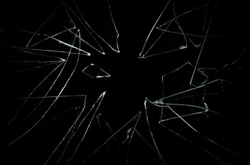 Broken glass texture and background, isolated on black, cracked window effect, clipping path  