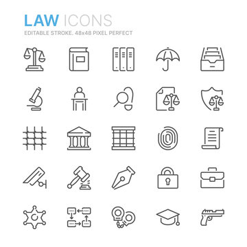 Collection of law and justice line icons. 48x48 Pixel Perfect. Editable stroke