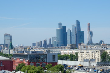 Moscow, Russia - June 15, 2018: View of the towers of the "Moscow-city" business center and the third transport ring from the observation deck of the Russian Academy of Sciences