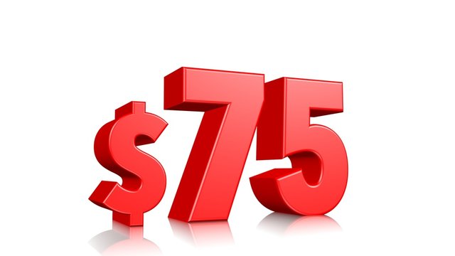75$ seventy five price symbol. red text 3d  render with dollar sign on white background