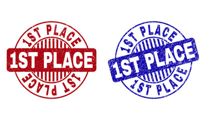 Grunge 1ST PLACE round stamp seals isolated on a white background. Round seals with distress texture in red and blue colors. Vector rubber imprint of 1ST PLACE label inside circle form with stripes.