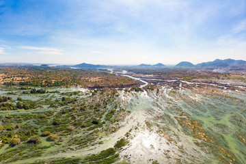 Aerial panoramic 4000 islands Mekong River in Laos, Li Phi waterfalls, famous travel destination backpacker in South East Asia