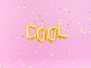 Cool - text sign letters with golden confetti celebration banner, 3d rendering