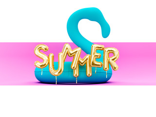 Summer gold text banner. Season vocation, weekend, pool party concept. Summertime, flamingo balloon, 3d rendering.